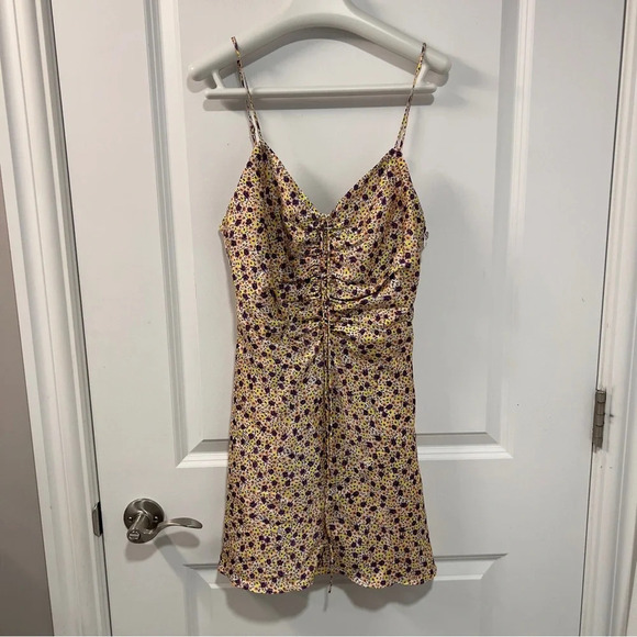 ZARA Purple Yellow Floral Ruched Draped Satin Effect Mini Tank Dress - Picture 5 of 8